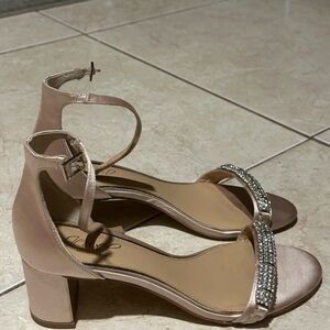 Jewel Badgley Mischka Tan Heels with Crystal Embellishments